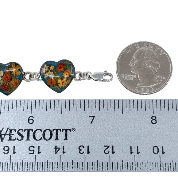 Estate Mexico Dried Flower Resin Heart Bracelet Sterling Silver 925 | 7.25" - Picture 3 of 8